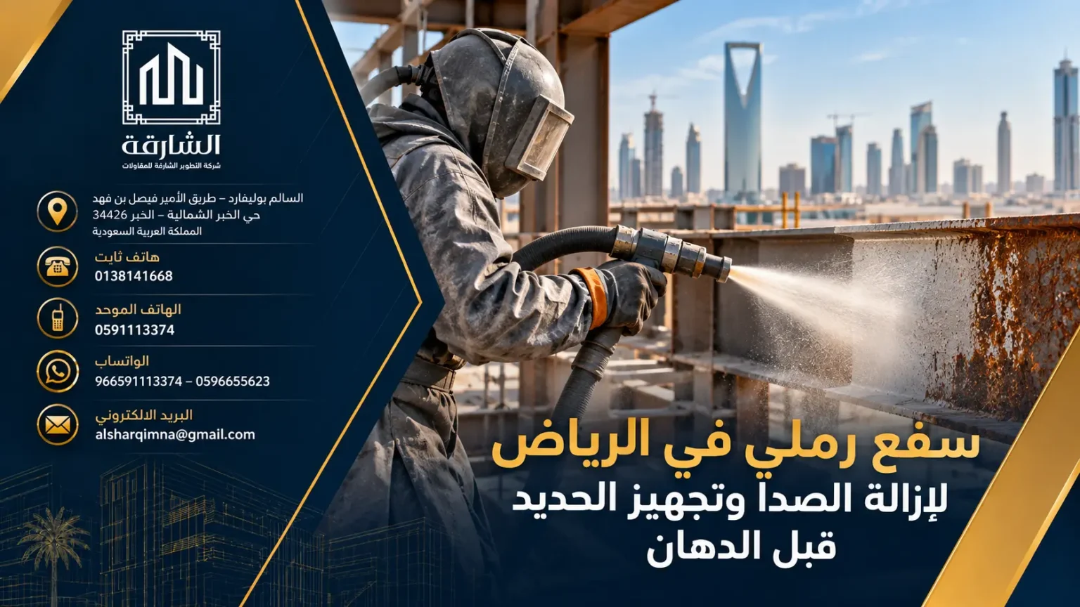 عامل ينفذ السفع الرملي مع معدات الوقاية