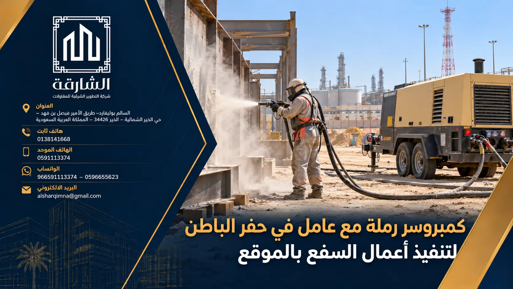 كمبروسر رملة مع عامل في حفر الباطن لتنفيذ أعمال السفع بالموقع
